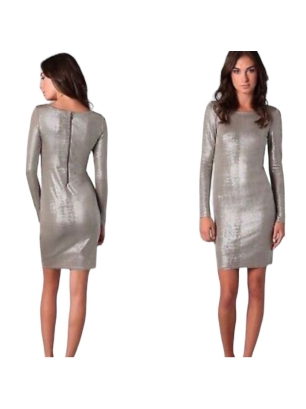 Alice + Olivia Women's Dress Tabitha Long Sleeve Metallic Bodycon Silver M NWT - Picture 3 of 10
